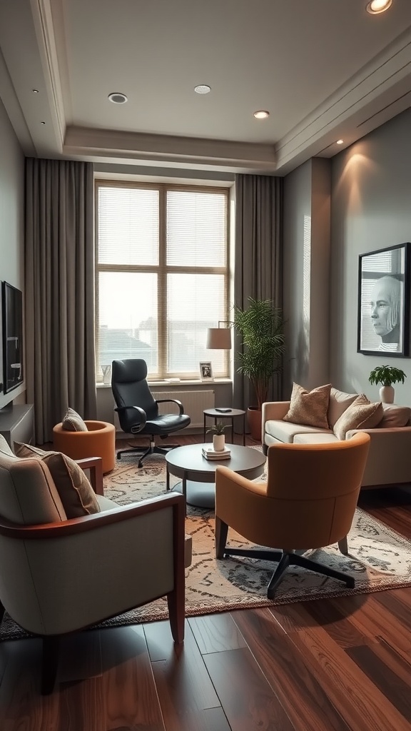 A modern and comfortable male home office featuring cozy seating, warm colors, and ample natural light.