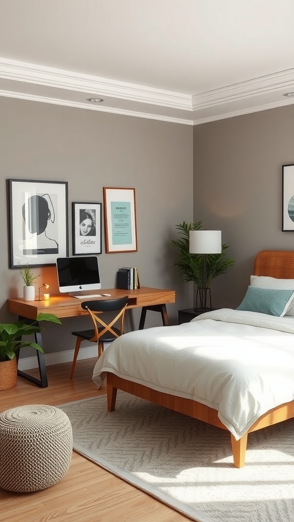 A cozy bedroom with a comfortable bed and a desk adjacent, featuring a modern aesthetic and warm decor.