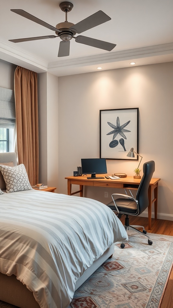 A comfortable ergonomic chair in a cozy bedroom office setup, with a desk and natural light from the window.