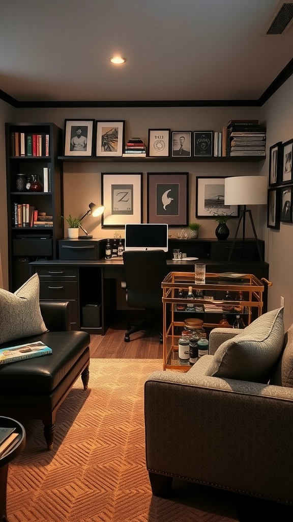 Cozy lounge area in a man cave office featuring two chairs, a bar cart, and decorative wall art.