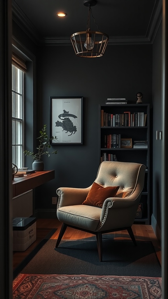 A cozy reading nook in a dark, moody home office featuring a plush chair, a bookshelf, and a small plant.