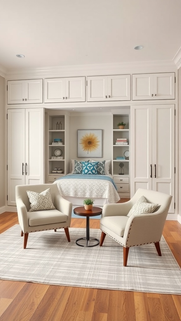 Cozy seating arrangement in a guest bedroom office featuring two chairs and a small table with a Murphy bed in the background