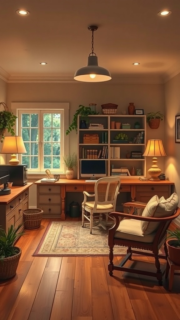 Cozy English cottage home office with warm lighting and vintage furniture.