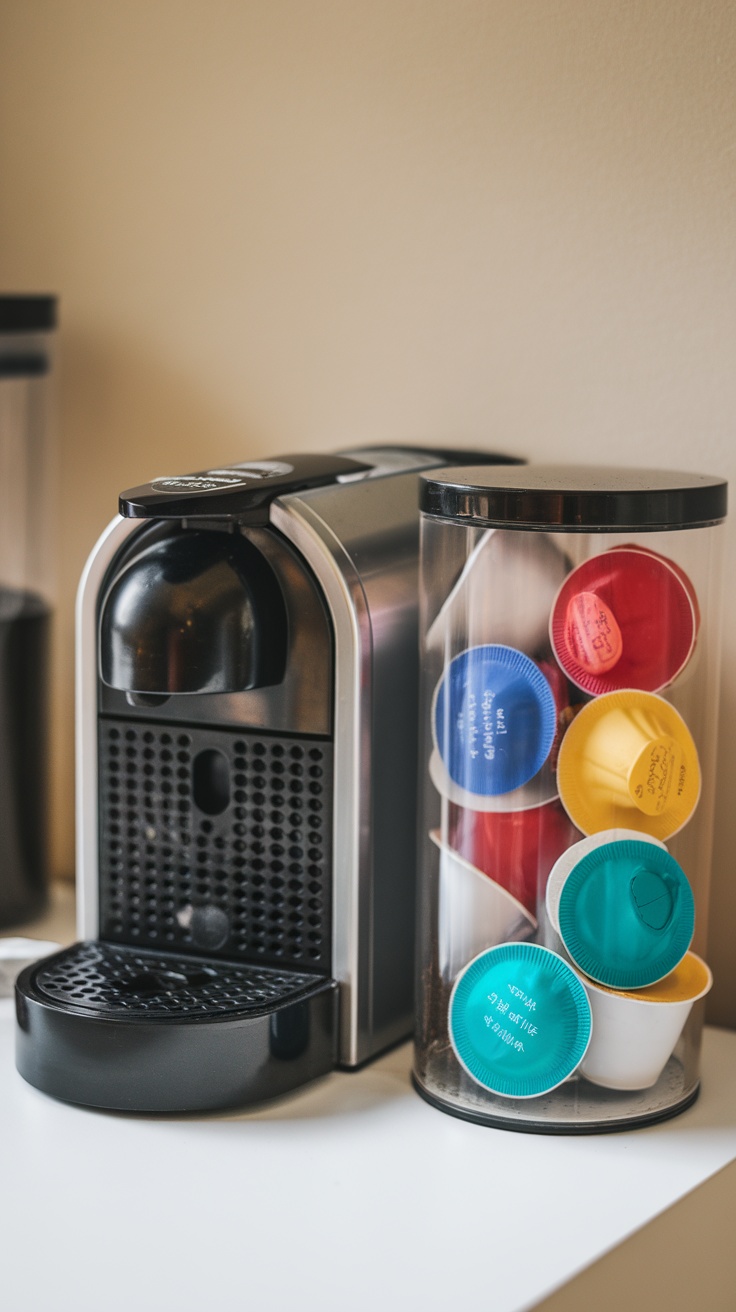 Compact coffee pod station in a home office setting.