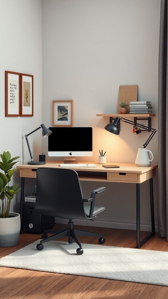 A modern minimalist corner desk setup featuring an iMac, stylish lamp, and wall decor in a small office.