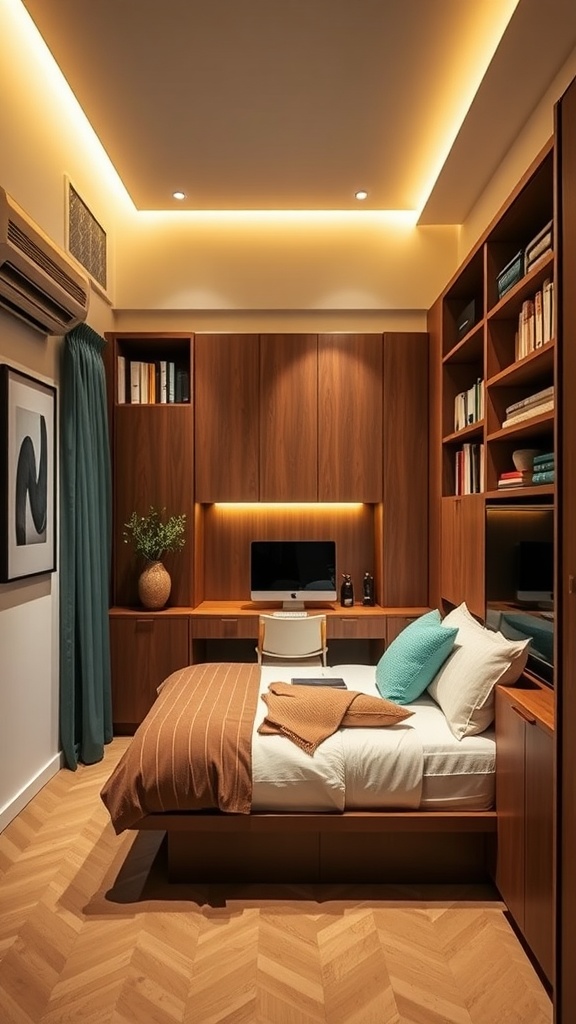 A stylish compact Murphy bed office featuring warm wood tones and modern decor.
