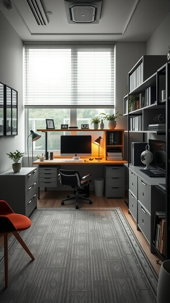 A compact home office with a desk, chair, bookshelves, and potted plants, showcasing a modern design.