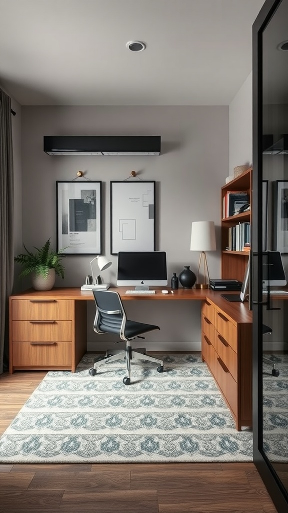 A compact and stylish home office featuring a wooden desk, ergonomic chair, and modern decor.