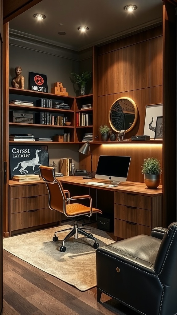A compact home office with a modern desk, ergonomic chair, and organized shelves.