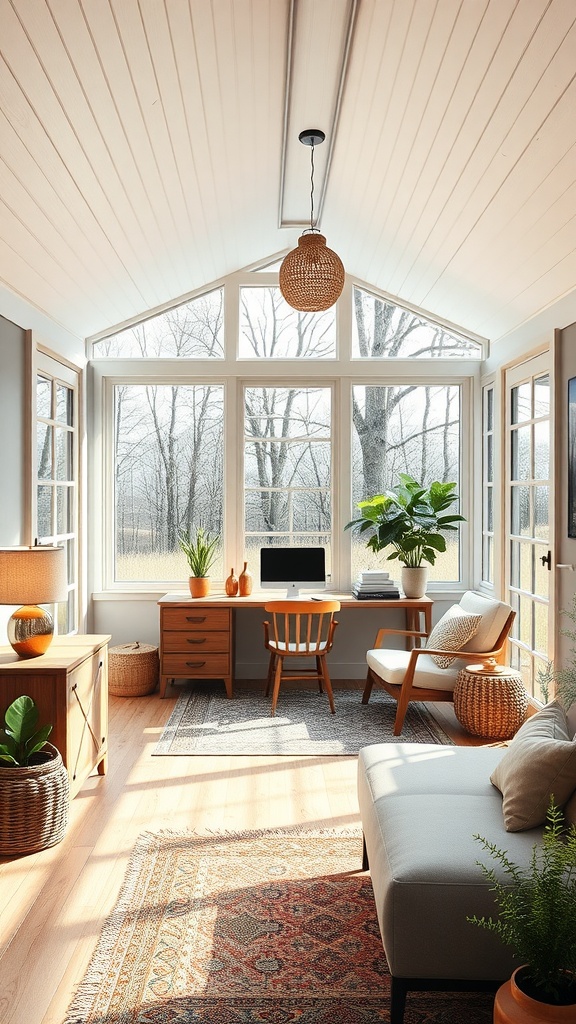 A bright and airy contemporary farmhouse sunroom with large windows, wooden accents, a desk, and cozy seating.