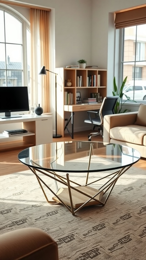 A contemporary glass top coffee table with a unique geometric design in a home office setting.