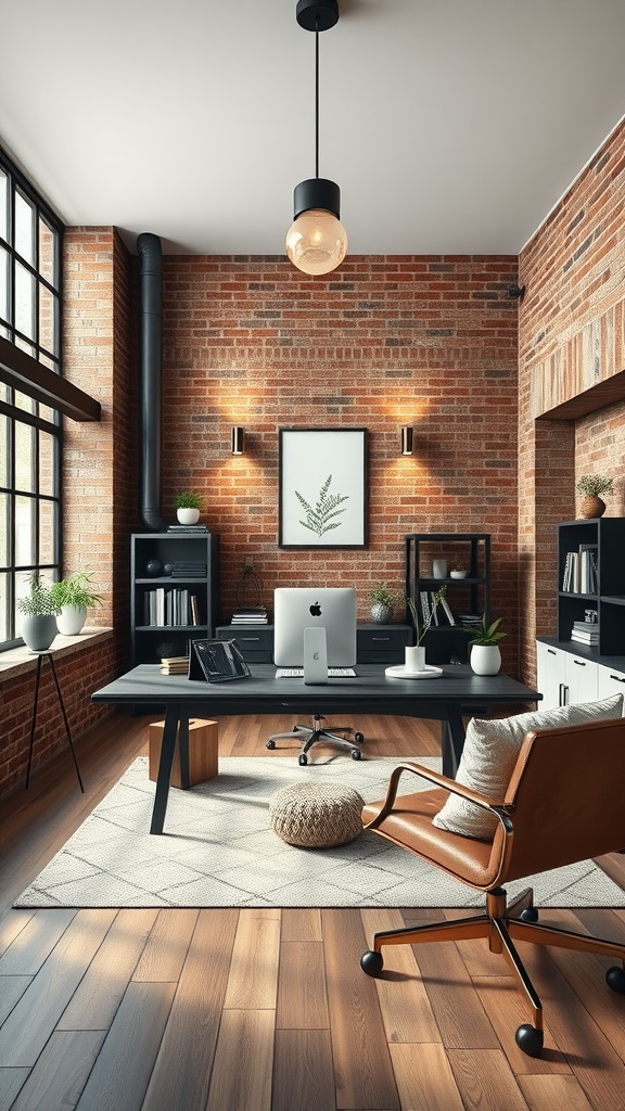 A contemporary industrial loft office featuring exposed brick walls, a sleek desk, and stylish decor.