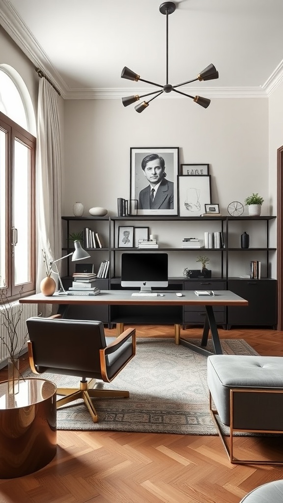 A contemporary Italian style home office featuring a sleek desk, modern chair, and elegant decor.
