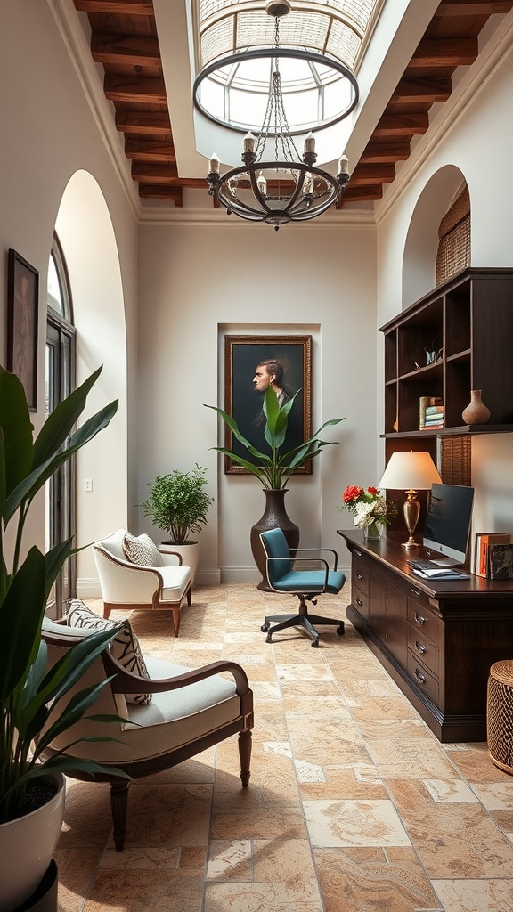 A contemporary home office featuring Spanish architectural elements such as wooden beams, elegant furniture, and natural light.