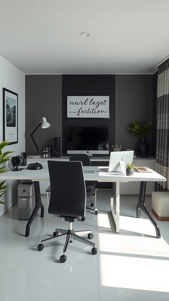 A modern home office featuring a sleek white desk, ergonomic black chair, and minimalist decor.