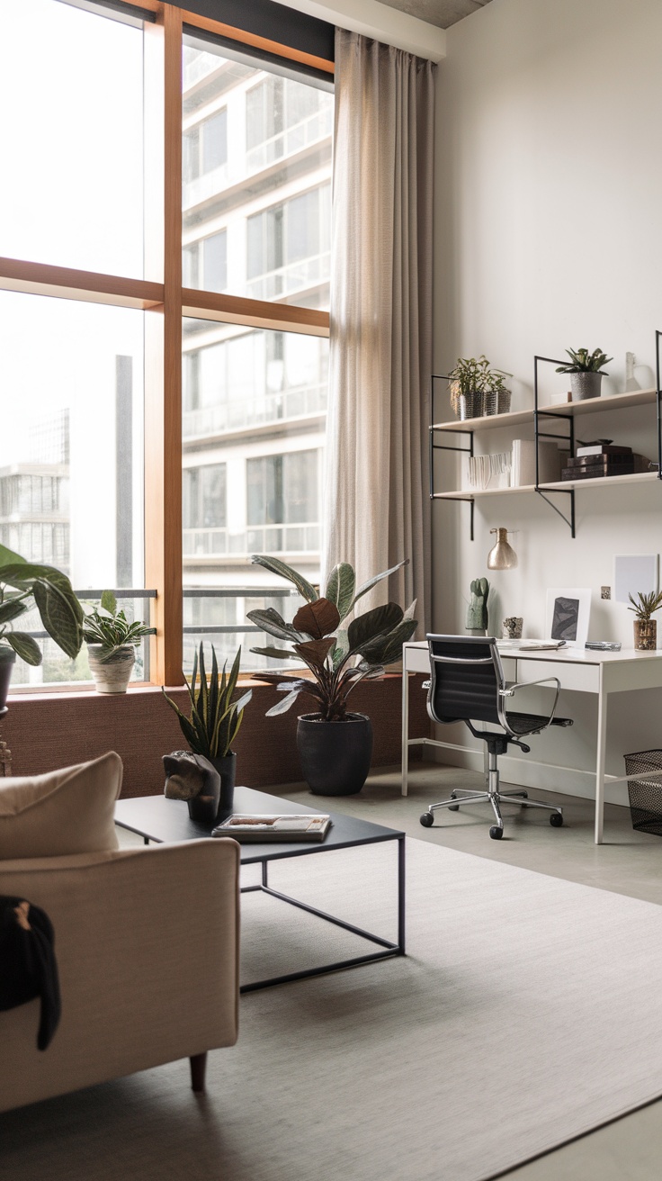 A contemporary urban living room featuring a home office setup, large windows, and neutral decor.