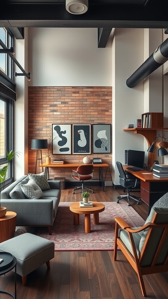A contemporary urban loft living room with a home office setup featuring a brick wall, modern furniture, and a cozy vibe.