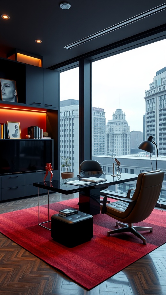 A stylish contemporary urban office with large windows and modern furniture, showcasing a city skyline.