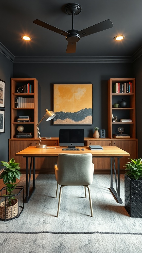 A coordinated masculine home office featuring dark blue walls, warm wooden furniture, and orange accents.