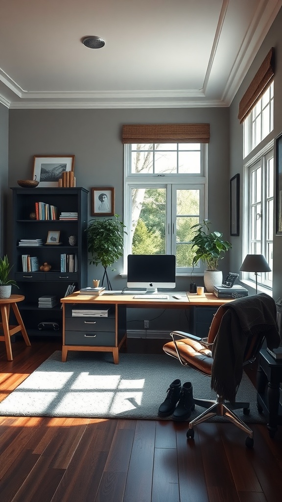 A stylish corner office with a wooden desk, comfortable chair, and bookshelves, illuminated by natural light.