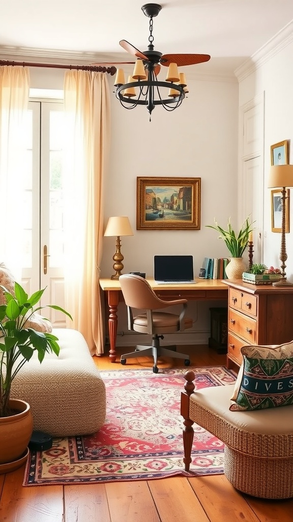 Cozy home office with a wooden desk, potted plants, and a colorful rug.