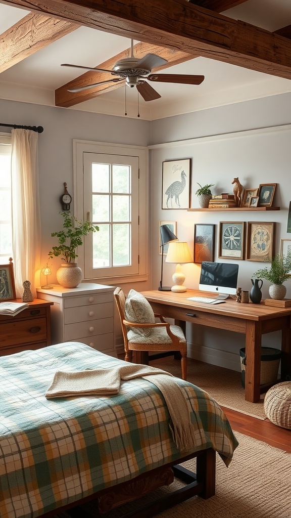 A cozy cottage-style bedroom with a desk setup, featuring wood furniture and warm decor.