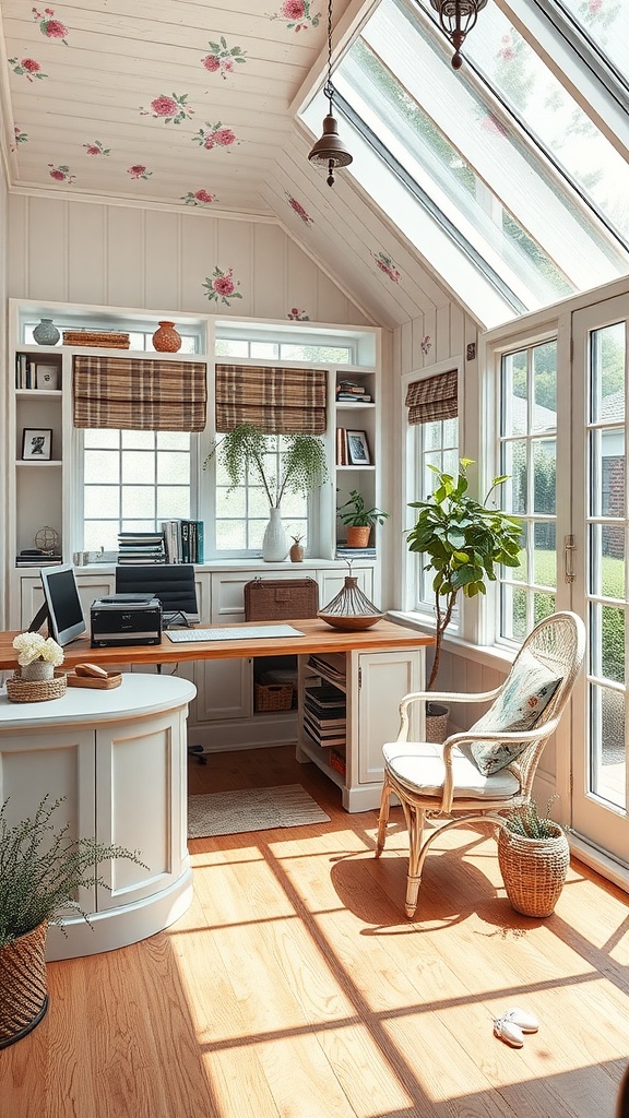 Cozy country cottage sunroom with a desk, large windows, and floral ceiling accents.