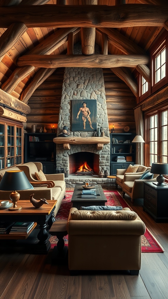 A cozy cabin retreat featuring wooden beams, a stone fireplace, and comfortable seating, perfect for a male home office.