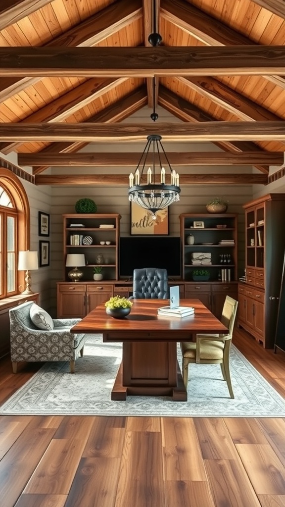 A cozy farmhouse study featuring a wooden desk, stylish chair, and rustic beams