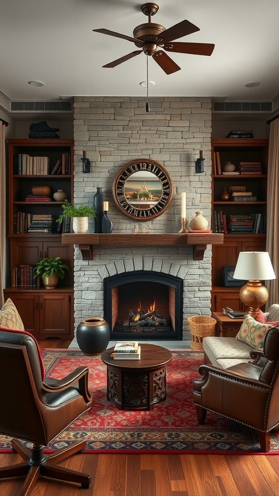 A cozy office with fireplace, leather chairs, and bookshelves.