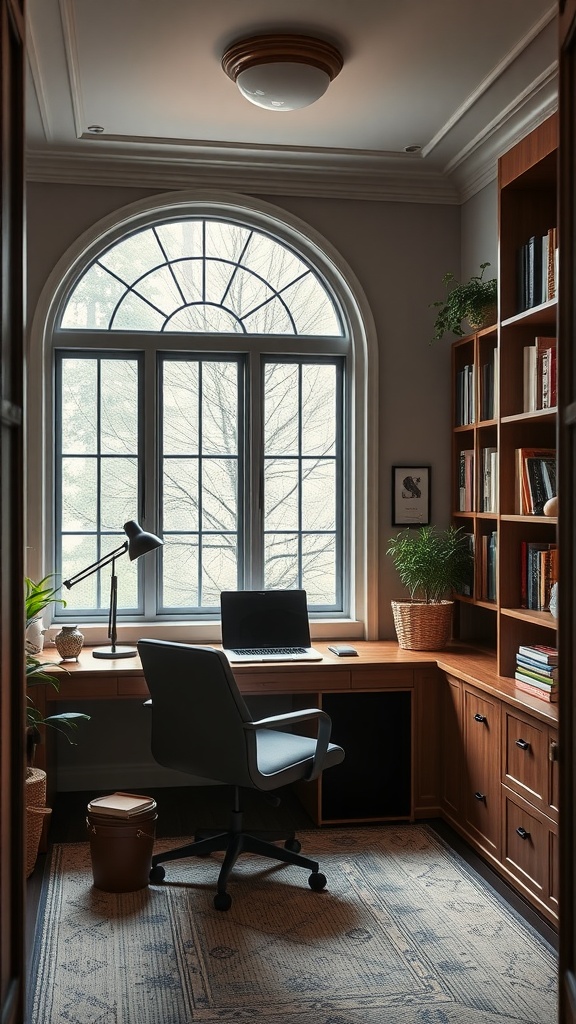 Cozy small home office with a desk, laptop, and bookshelves.