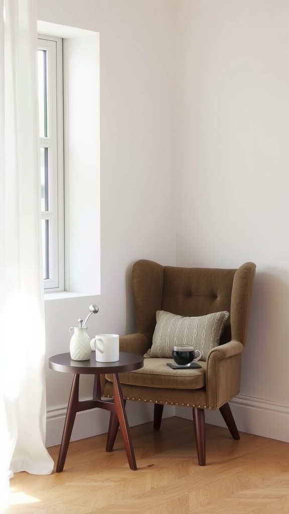 A cozy nook featuring an armchair and a small side table, perfect for a coffee station at home.