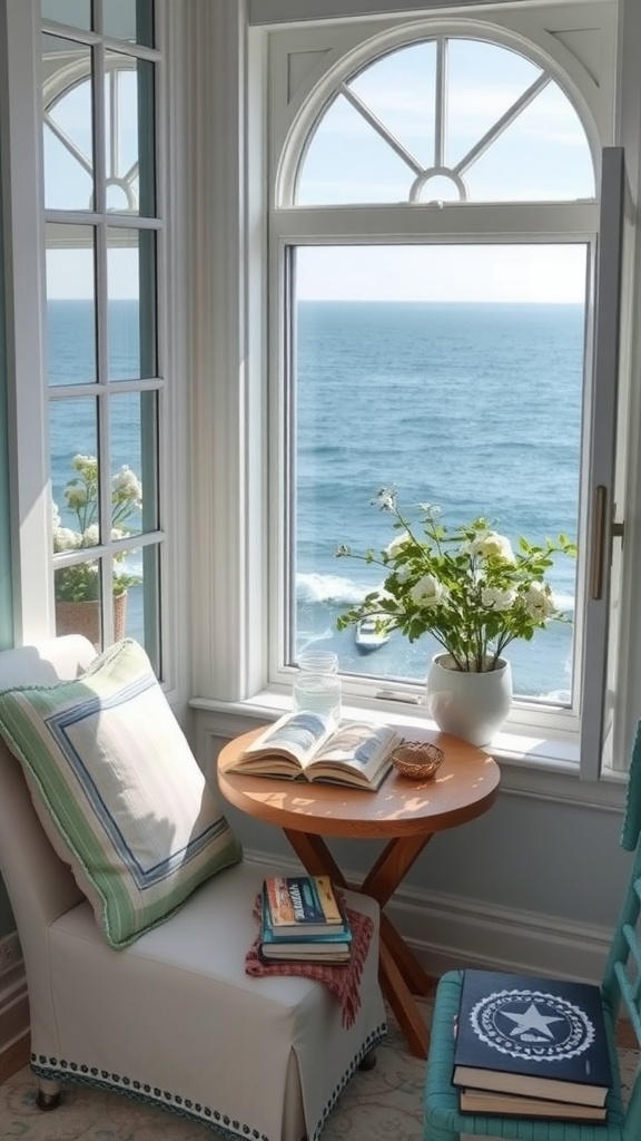 A cozy nook with a view of the ocean, featuring a chair, a book, and natural decor elements.