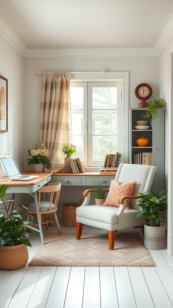 A cozy reading nook featuring a soft armchair, a blue desk, and plants, embodying vintage English cottage style.