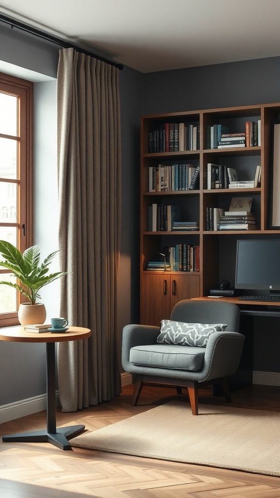 Cozy reading nook with a gray chair, side table, plant, and bookshelf