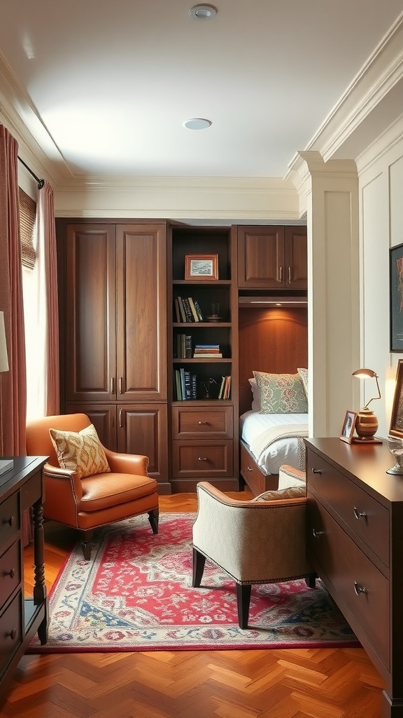 Cozy reading nook featuring a comfortable chair, built-in shelving with books, and a decorative plant.