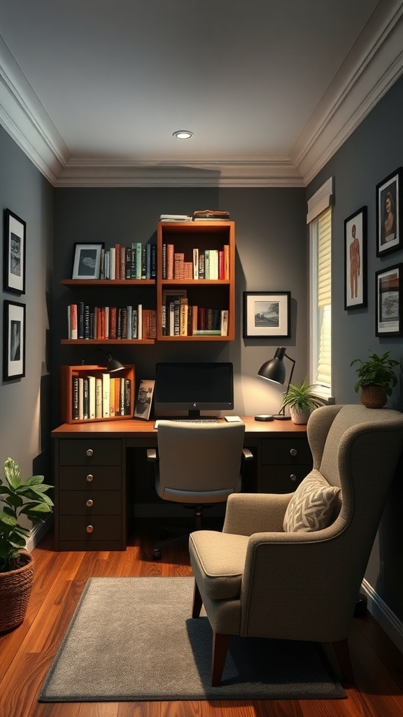 Cozy home office with an armchair, desk, bookshelves, and plants.