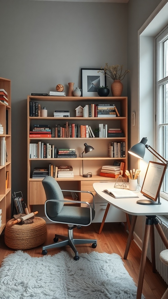 Cozy reading nook in a Scandinavian interior with wooden furniture, plants, and comfortable seating.