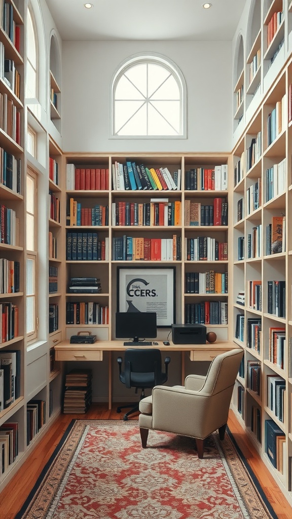 A cozy reading nook featuring bookshelves filled with books, an armchair, and a small lamp.