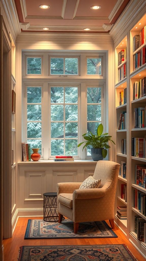 Cozy reading nook with large windows, a comfortable armchair, and bookshelves filled with books.