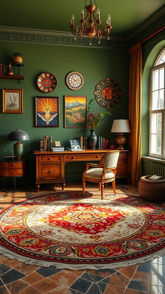 Cozy reading space in a home office featuring olive green walls, a vibrant round rug, wooden desk, and artwork.