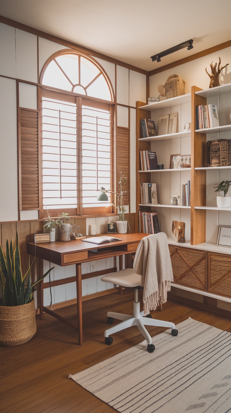 Cozy home office with a throw blanket and cushions in a Japandi style interior