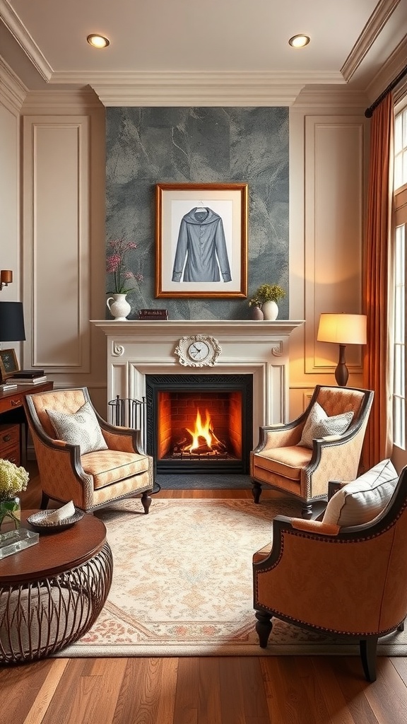Cozy home office featuring a fireplace, comfortable armchairs, and elegant decor