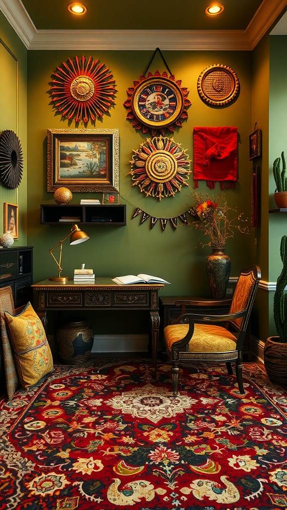 Cozy crafting corner featuring olive green walls, colorful decor, and a patterned rug.