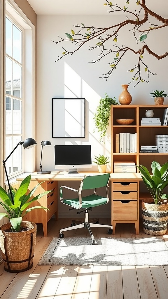 Bright and airy home office with wooden furniture, plants, and a modern desk setup