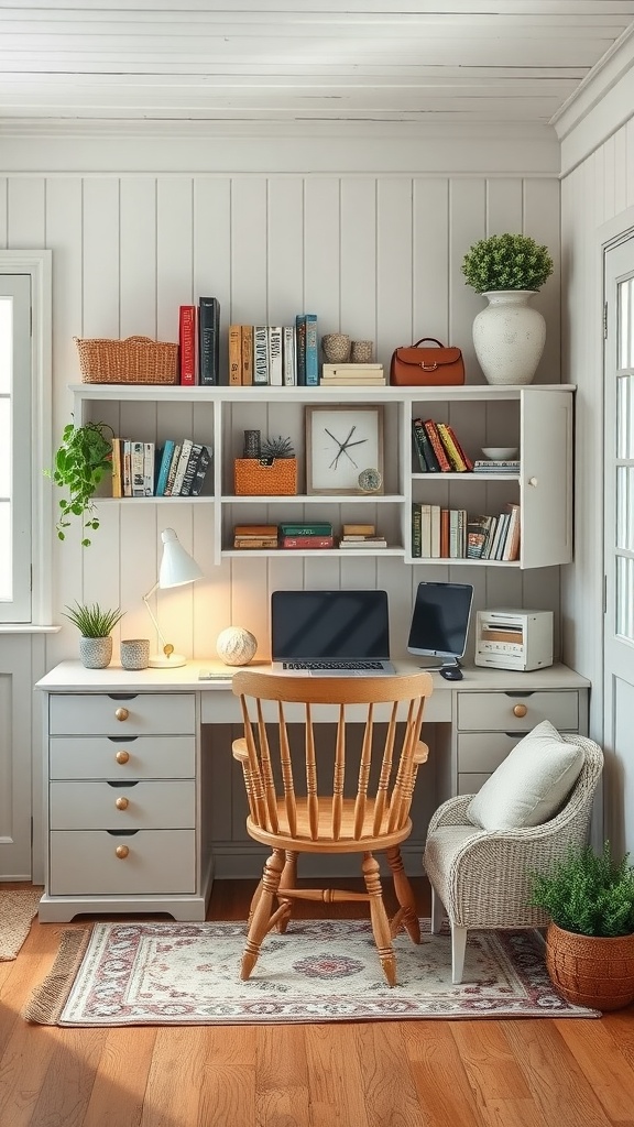Cozy home office in English cottage style with a wooden desk, chair, and decorative shelves.