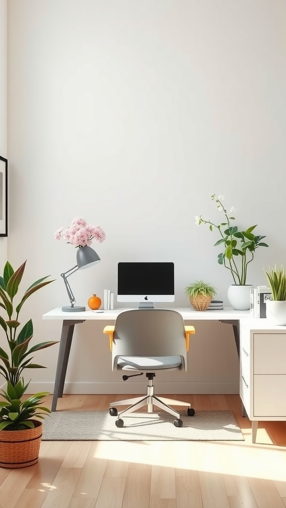 A minimalist home office setup with a desk, potted plants, and a computer, showcasing a soft spring aesthetic.