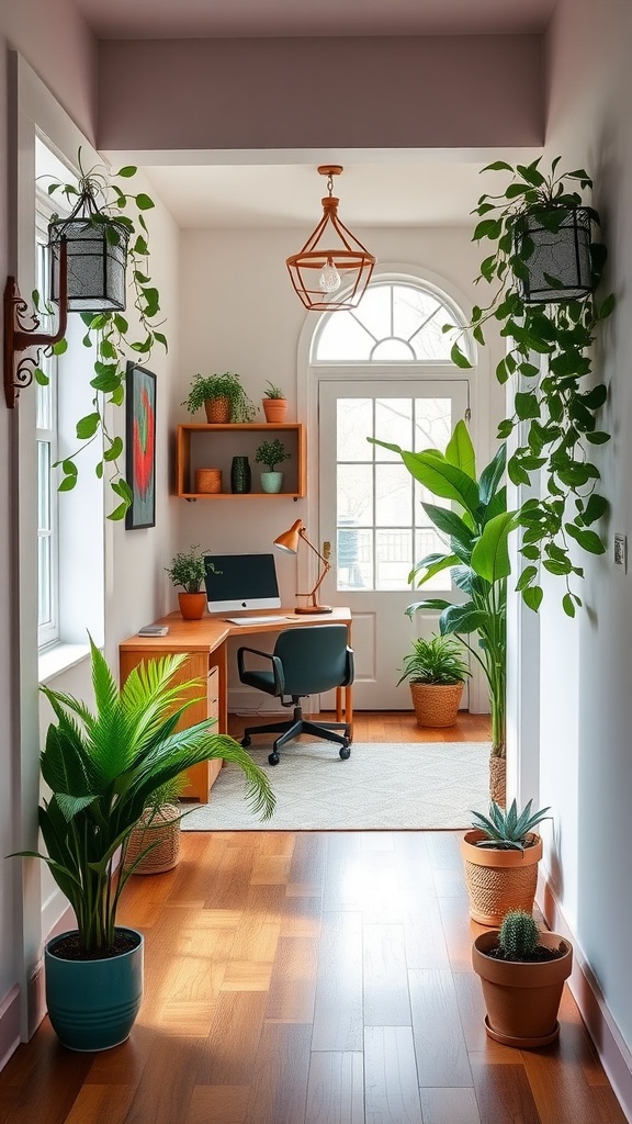 A beautifully decorated entryway with plants, a wooden desk, and a bright window.