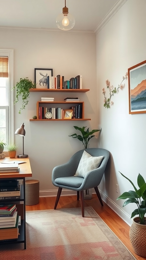 Cozy reading nook with an armchair, bookshelves, and plants in a home office.