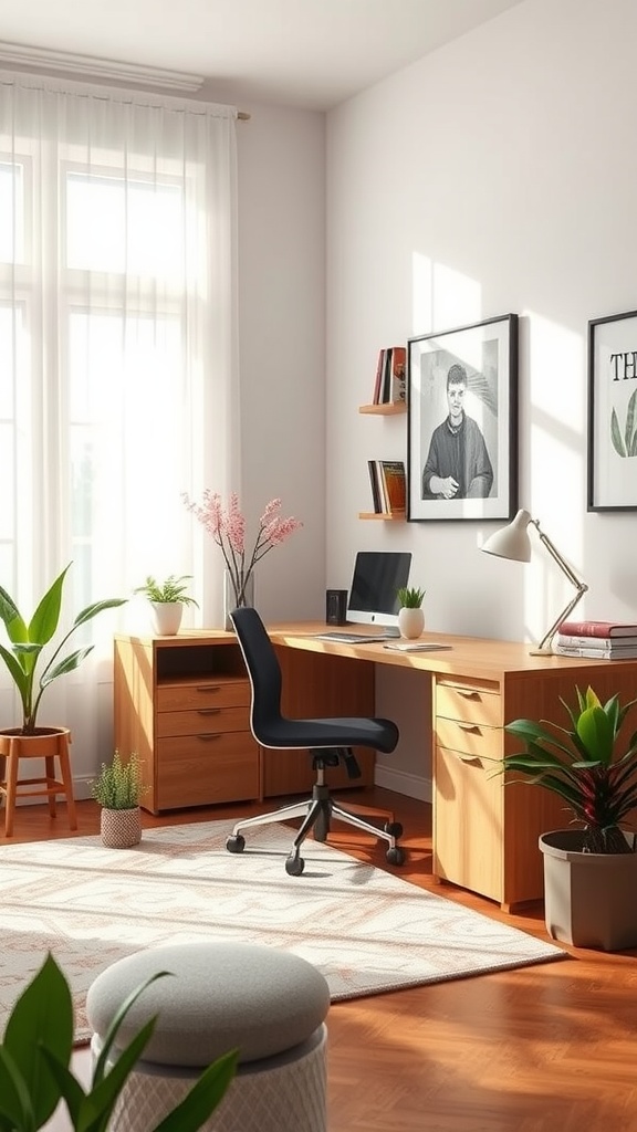 Bright and cozy home office with plants and wooden furniture, perfect for a mindfulness corner.